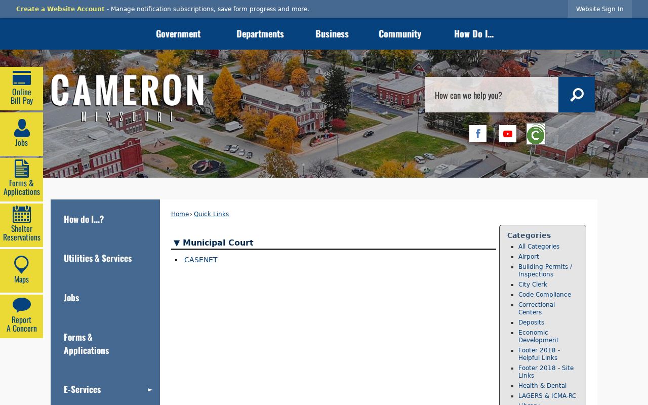 Cameron Quick Links page showing a Missouri Case.net court records link
