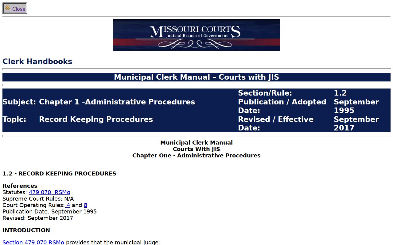 Missouri municipal court clerk manual page about court record procedures