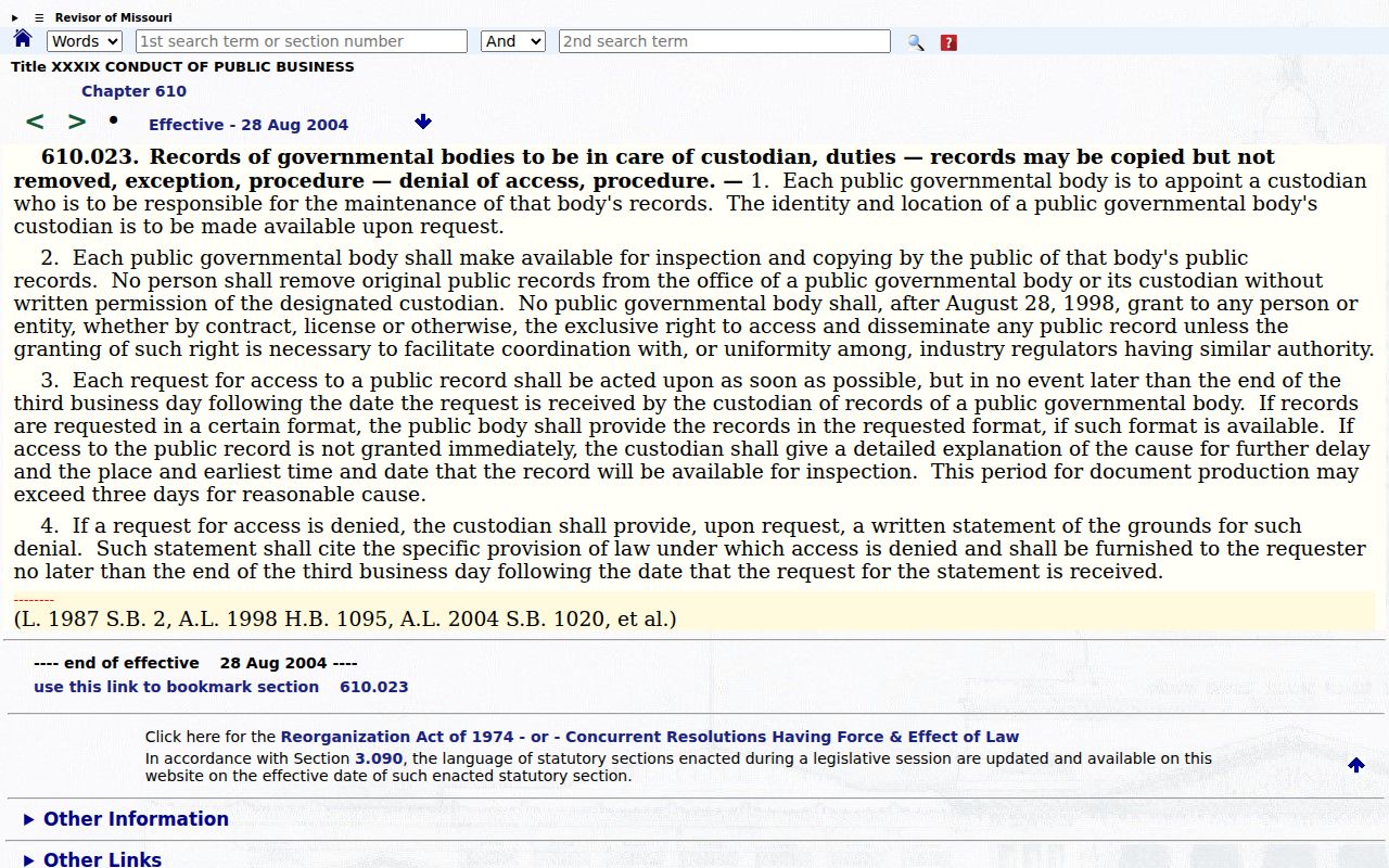 Missouri Sunshine Law section 610.023 source on public-record custodian deadlines and written denials