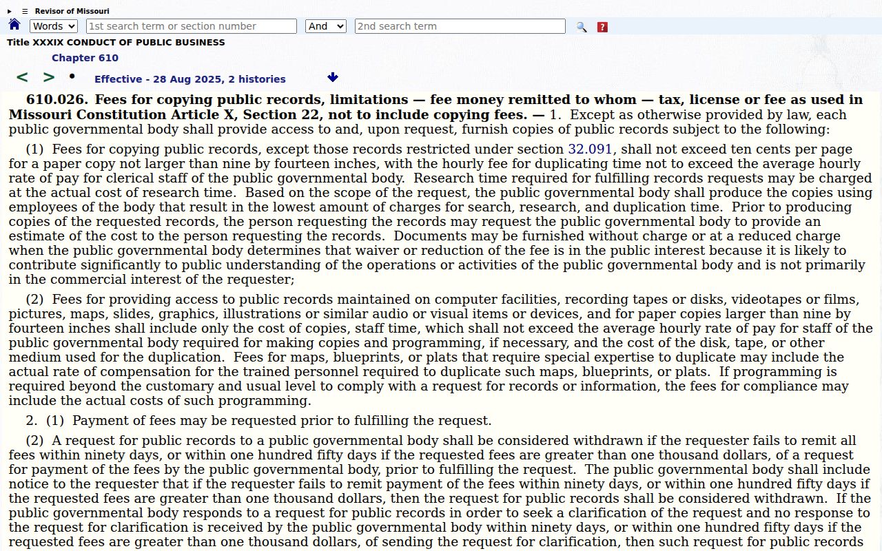 Missouri Sunshine Law section 610.026 source on public-record copy and duplication fee limits