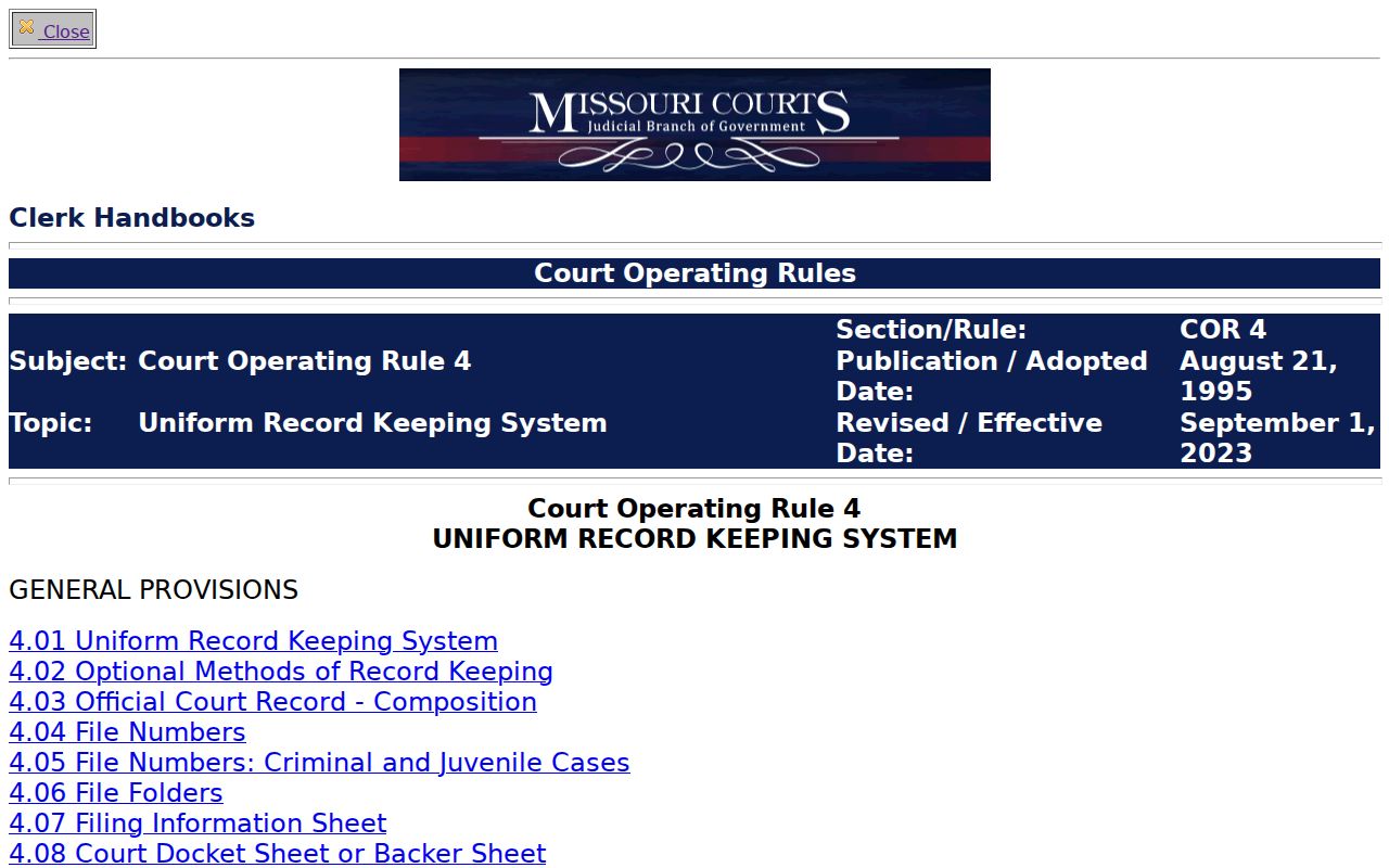 Missouri Court Operating Rule 4 source on docket-sheet records and public access