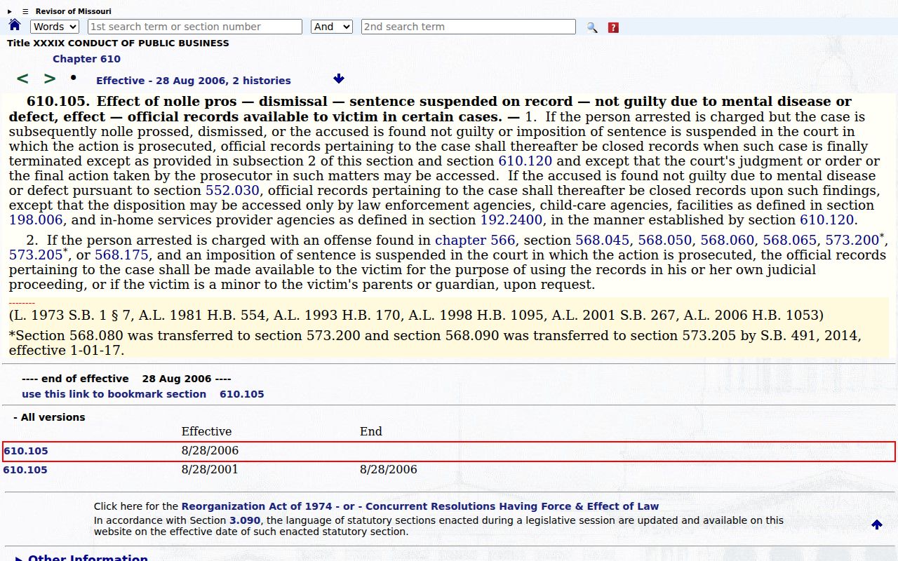 Missouri Revised Statutes section 610.105 source on closed criminal records after disposition