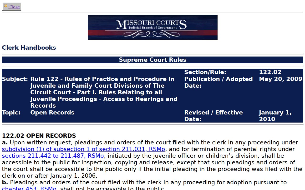 Missouri Court Rule 122.02 source for juvenile and adoption record access limits