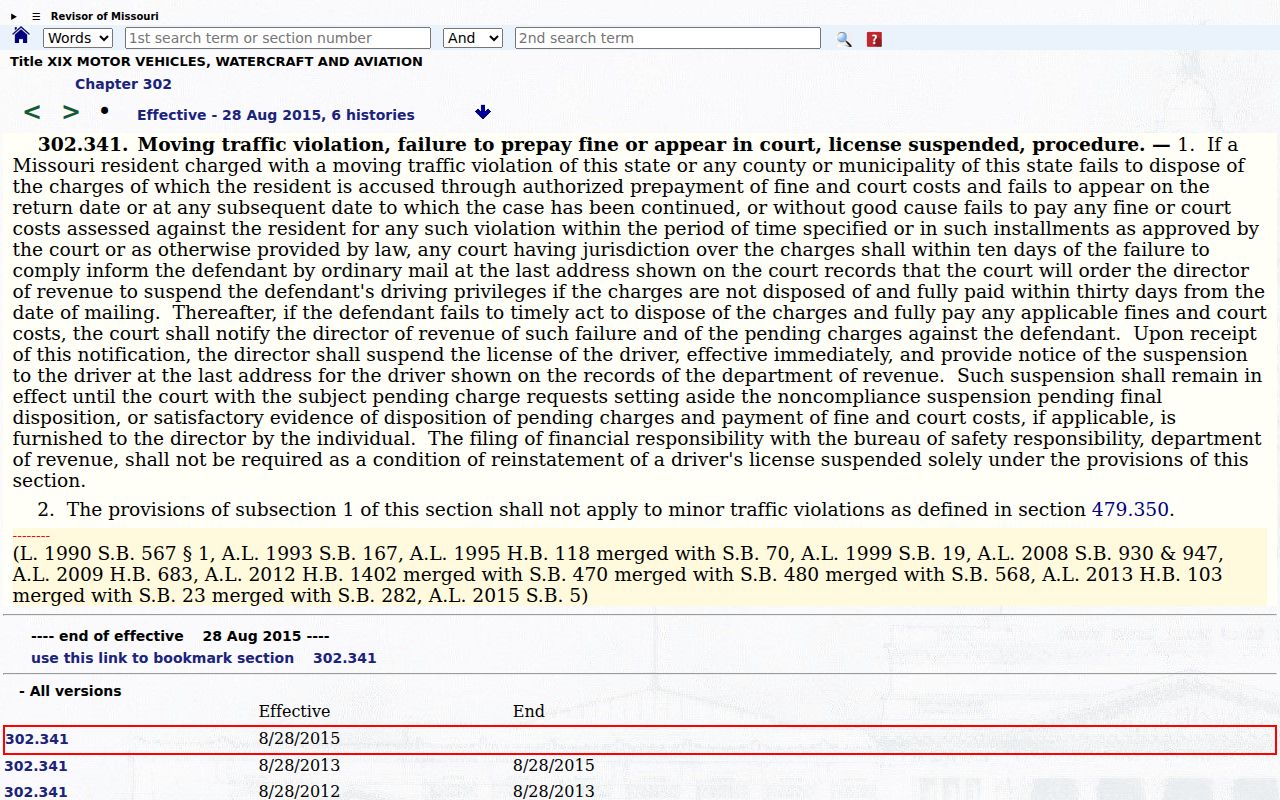 Missouri statute section 302.341 source on the traffic failure-to-appear process
