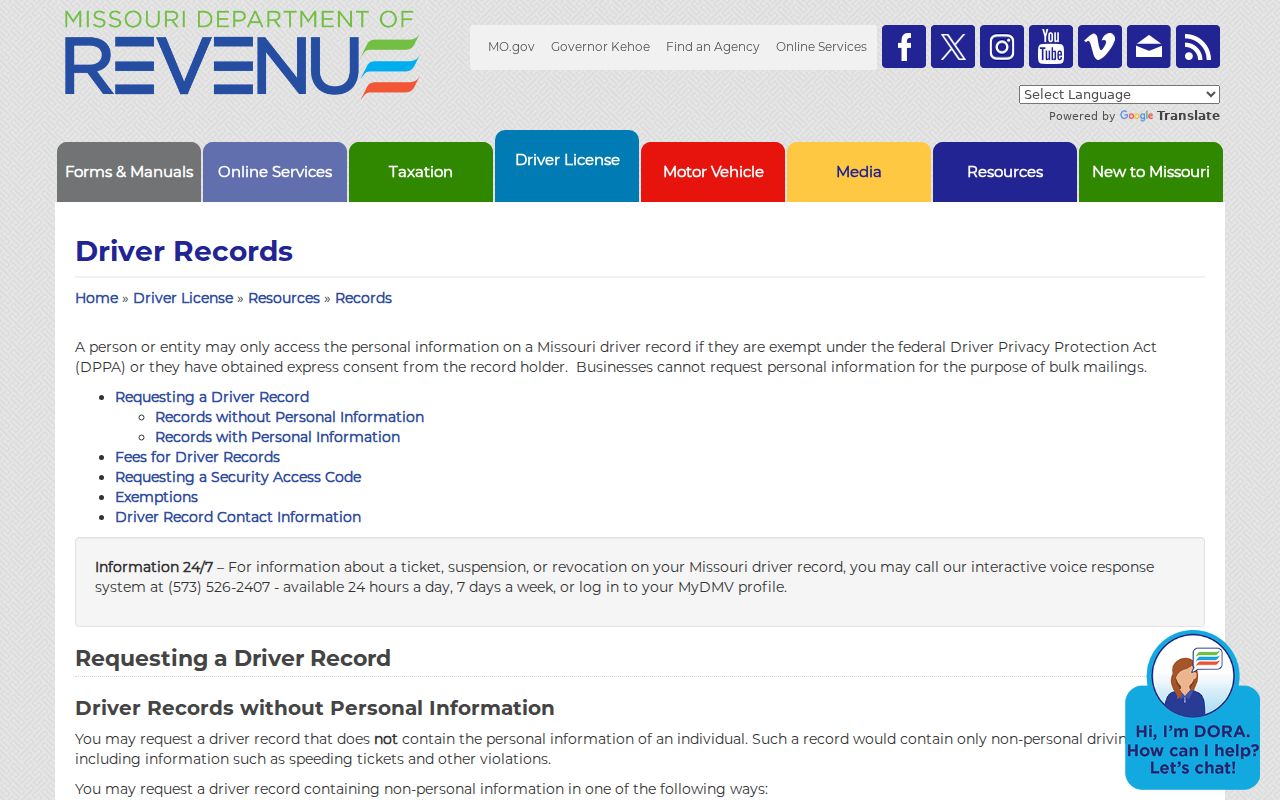 Missouri Department of Revenue source showing driver-record access limits separate from court case records